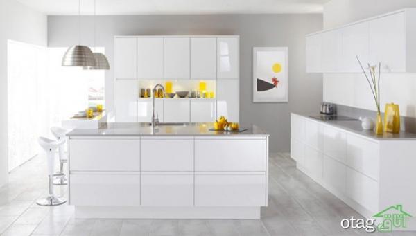 دکوراسیون آشپزخانه سفید با کابینت های مدرن و امروزی