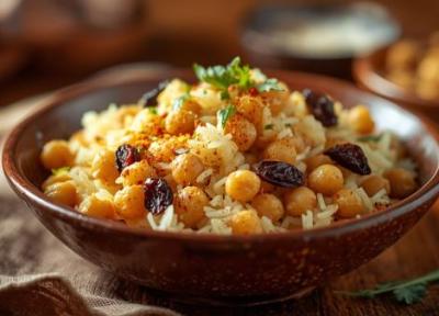 طرز تهیه نخود پلو با کشمش خوشمزه و عطردار